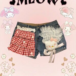 Cute Sanrio My Melody denim shorts with ruffles, bows, and Hello Kitty pocket